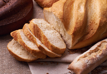 Cut fresh bread on the tablecloth