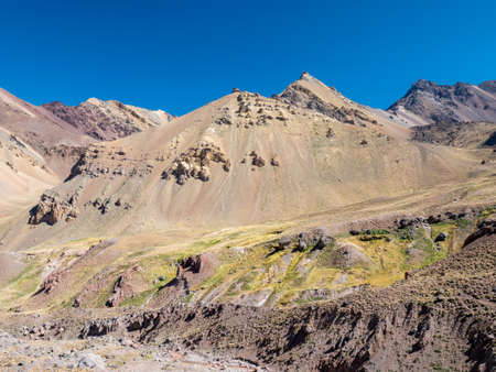 A trekking trip to the Plaza Francia, South Face of Aconcaguaの写真素材