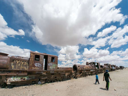 Vintage rusty train at the Train Cemetery in Uyuni desert, Bolivia, South Americaの写真素材