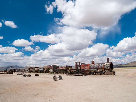 Vintage rusty train at the Train Cemetery in Uyuni desert, Bolivia, South Americaの写真素材