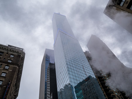 Skyscraper in New York with a lot of smoke and haze