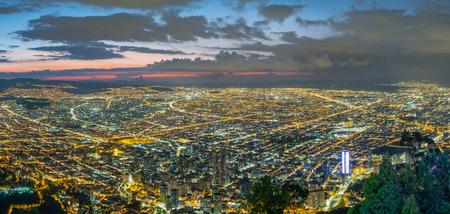 Bogota, Colombia, view of cityscape with downtown buildings illuminated at duskのeditorial素材