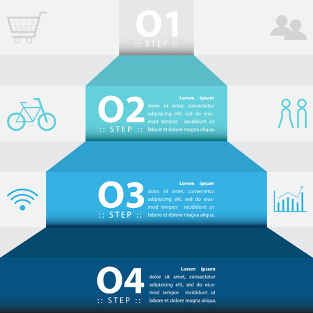 Ilustración de Color step info graphic template diagram banner with symbol, text, number. Business concept sequence vector. - Imagen libre de derechos