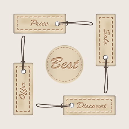 Leather tag sale promotion and gift card vectors with price, sale, discount, offer, best. Price tags leather set.のイラスト素材