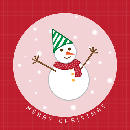 Christmas Snowman wearing green hat and red scarf within Merry Christmas badge with grid color and snow background.のイラスト素材
