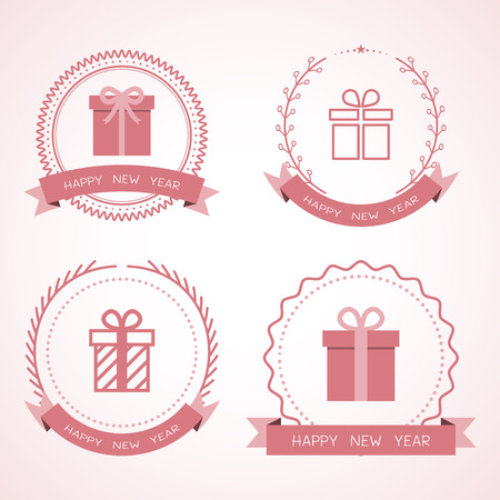 New Year Labels and Badges Vector Design. Set of Decorations elements,Ornaments and Ribbons.のイラスト素材