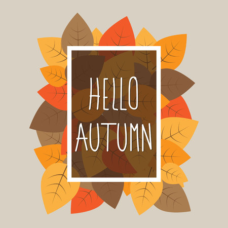 Hello Autumn typographic on leaves background. Vector illustration.のイラスト素材