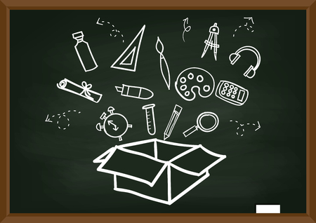 Back to School freehand drawing items on a black chalkboard. Vector illustration.のイラスト素材