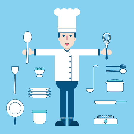 Chef character in uniform cooking utensils vector.のイラスト素材