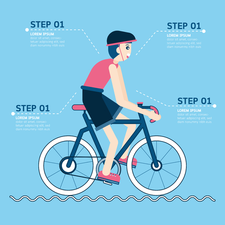 Bicycle infographics concept with cartoon man. Vector illustration.のイラスト素材