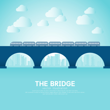 Bridge in flat style with building and train. Vector illustration.のイラスト素材