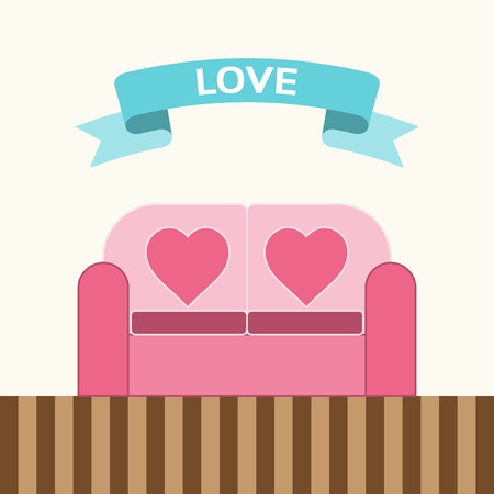 Couch sofa with heart pillow and love ribbon flat design vector.のイラスト素材