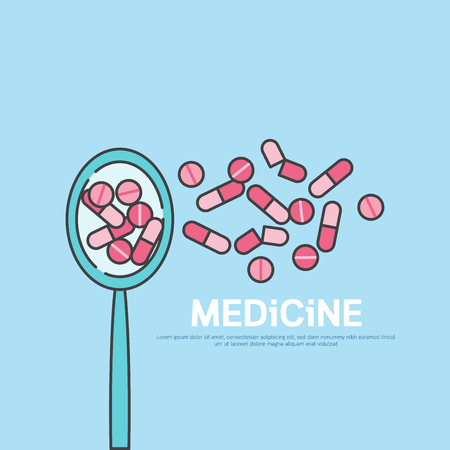 Medicine pills and tablets capsule drugs with spoon flat style.のイラスト素材