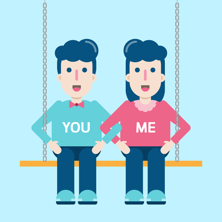 Loving couple boy and girl sitting on swing. happy valentines day.のイラスト素材