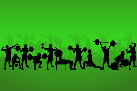 illustration of set of bodybuilders on green backのイラスト素材