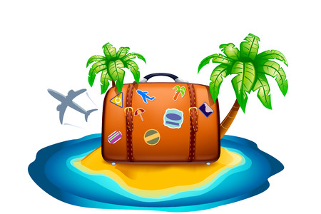 illustration of suitcase on island which discribes a journey. plane and palm trees on itのイラスト素材