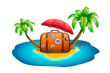 suitcase with red umbrella on island with palmsのイラスト素材
