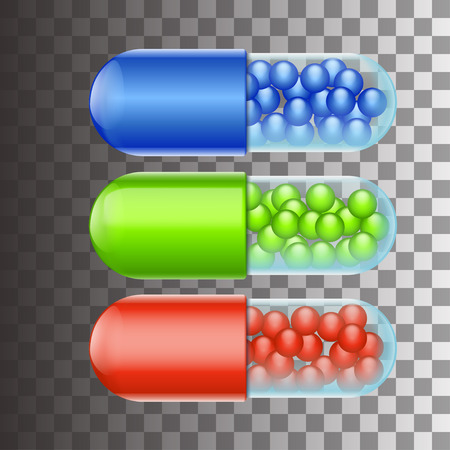 illustration of three different color pills blue red and greenのイラスト素材