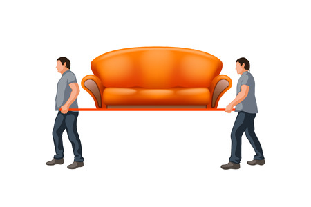 men carrying new orange couch on white backgroundのイラスト素材