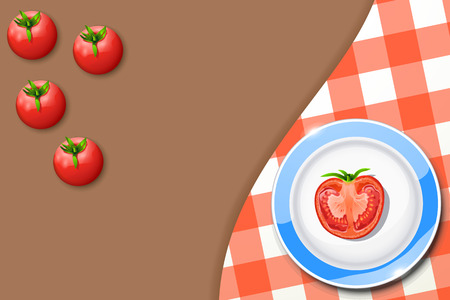 illustration of tomatos on background. half tomato on plate.のイラスト素材