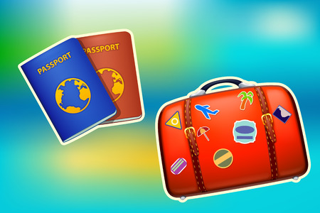 illustration of red suitcase and two passports on colorful backgroundのイラスト素材