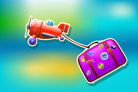 illustration of red plane and violet suitcase in flight on backgroundのイラスト素材