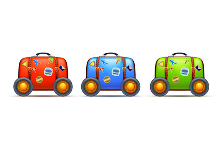 illustration of three old suitcases with stickers and wheels different color on white backgroundのイラスト素材
