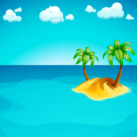 illustration of single sand island in the sea with clouds and palmsのイラスト素材