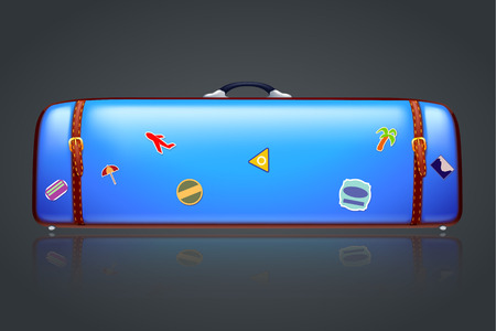 illustration of too wide old blue suitcase on dark background with stickers and reflectionのイラスト素材
