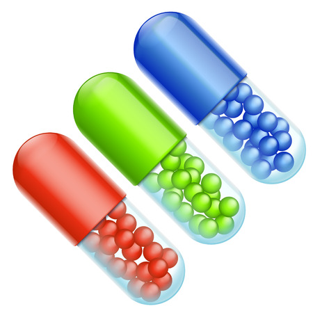 illustration of three two colored pills with granulesのイラスト素材