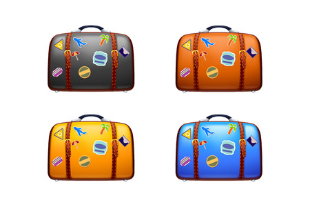 set of four old suitcases with stickers different color on white backgroundのイラスト素材