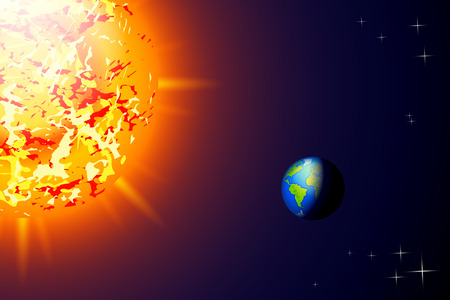 illustration of sun and small planet earth near it on dark backgroundのイラスト素材