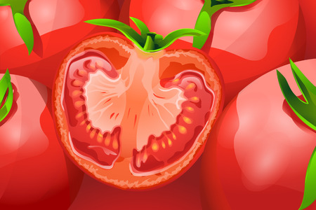illustration of a lot of whole and one sliced tomatoesのイラスト素材