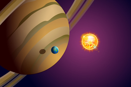 illustration of three planets in the dark space with sunのイラスト素材