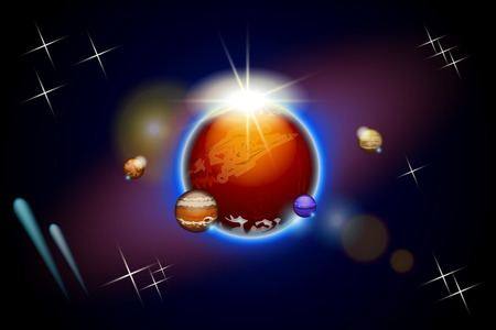 illustration of few planets in the sky with shining lightのイラスト素材