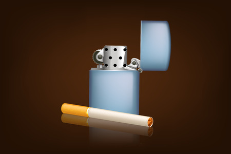 illustration of petrol lighter and one cigarette with orange filter on brown backgroundのイラスト素材