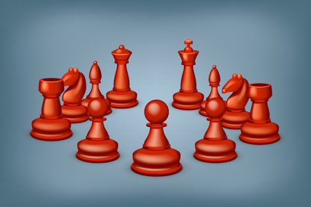 illustration of group of red figures for chess on blue backgroundのイラスト素材