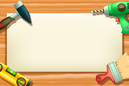 illustration of white paper list with few tools on wooden backgroundのイラスト素材