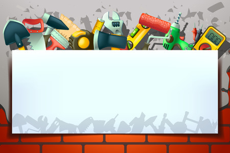 illustration of white banner with a lot of different tools on brick wallのイラスト素材
