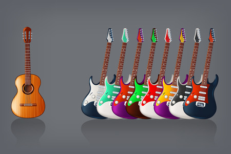 illustration of group of different color and type guitars on dark backgroundのイラスト素材