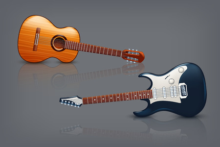 illustration of two different types of guitar with reflection on dark backgroundのイラスト素材