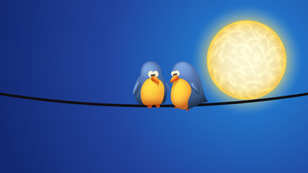 illustration of group of birds sitting on wires on dark blue background with moonのイラスト素材