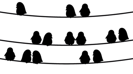 illustration of group of birds sitting on wires on white backgroundのイラスト素材