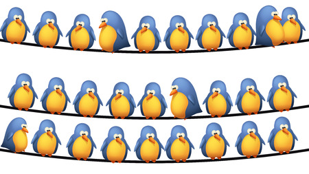 illustration of group of birds sitting on wires on white backgroundのイラスト素材