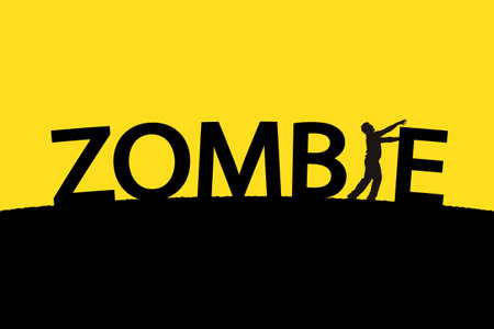 illustration of word zombie with single silhouette of man on yellow backgroundのイラスト素材