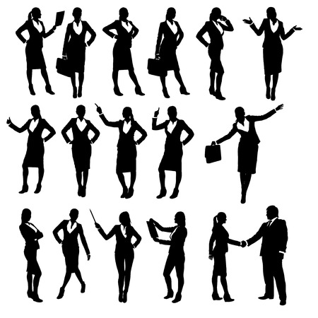 set of silhouettes of businesswoman in different posesのイラスト素材