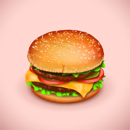 illustration of realistic fresh hamburger with shadow on pink backgroundのイラスト素材