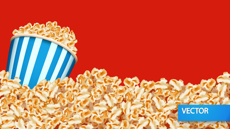 illustration of a lot of popcorn  with full cup of popcorn on red color backgroundのイラスト素材