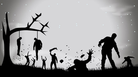 illustration of group of zombies at night in the cemeteryのイラスト素材