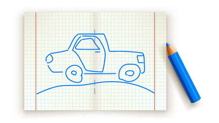 illustration of drawed car on paper list with blue color pencilのイラスト素材